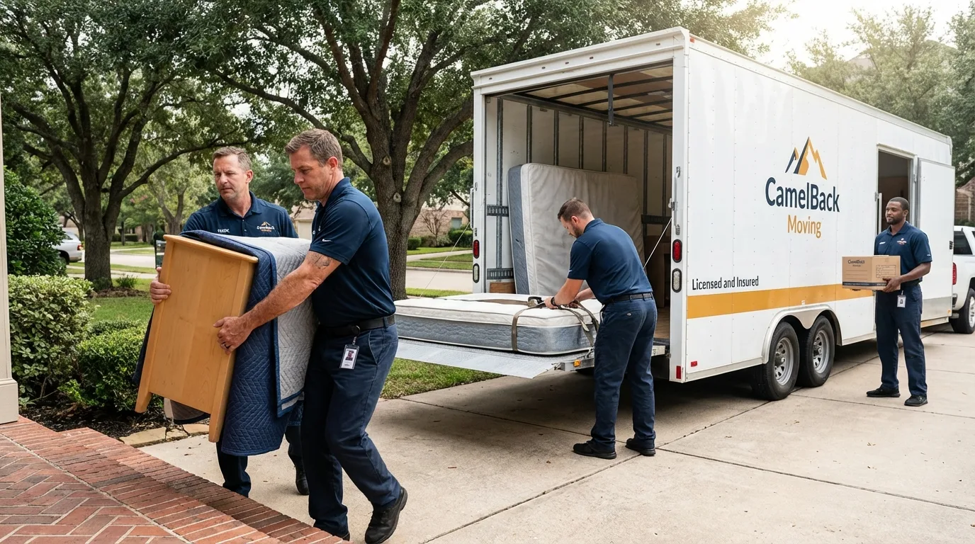 Crew loading residential truck for cross-state move from Arlington, MN