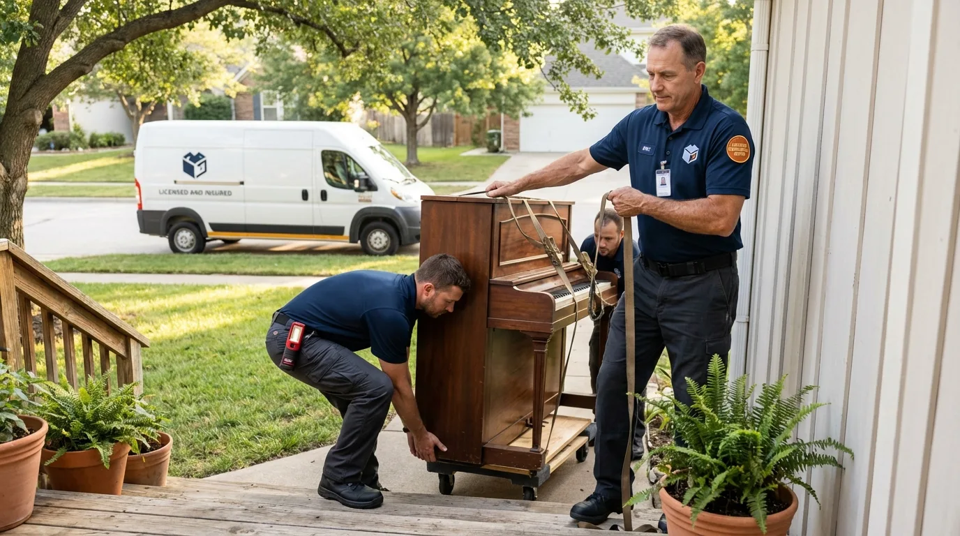 Licensed piano movers securing grand piano in Arlington, MN