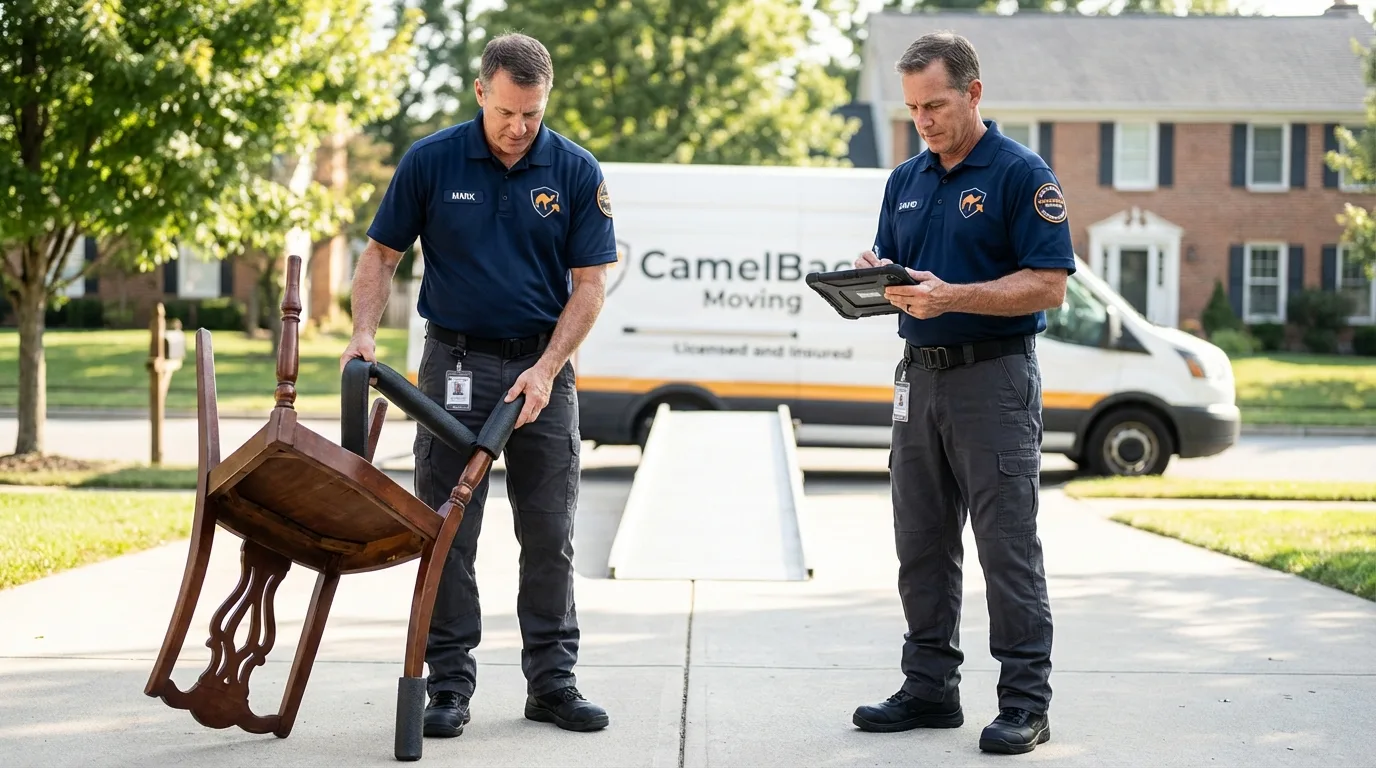 Movers inspecting furniture for damage prevention before loading in Arlington, MN